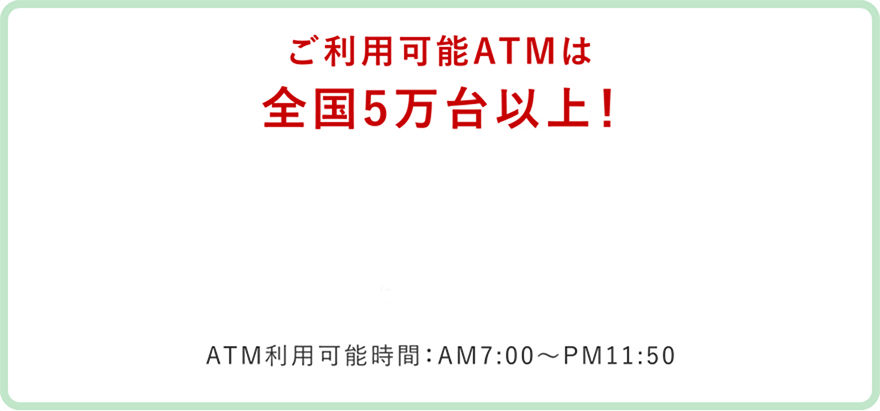 利用可能ATMは全国5万台以上！ATM利用可能時間：AM7:00～PM11:50