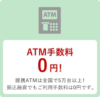 ATM手数料0円！提携ATMは全国で5万代以上！振込融資でもご利用手数料は0円です。