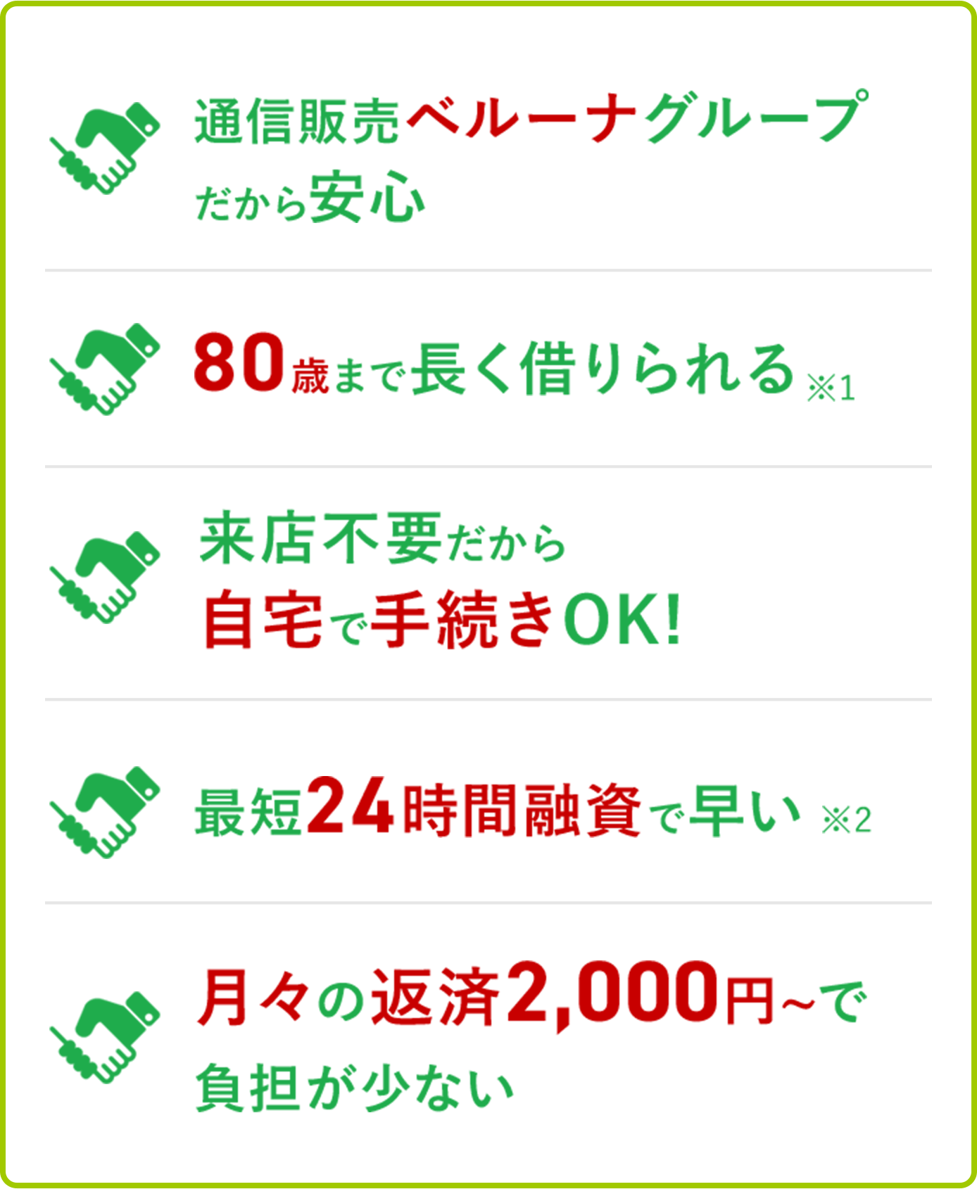 通信販売ベルーナグループだから安心 80歳まで長く借りられる 来店不要だから自宅で手続きOK！ 最短24時間融資で早い 月々の返済2,000円〜で負担が少ない