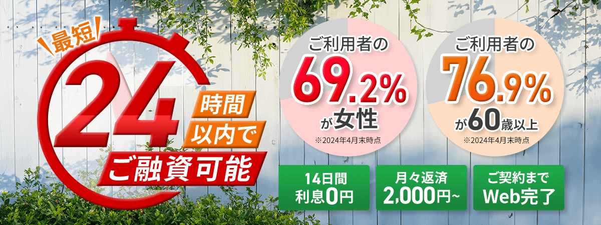 最短24時間以内でご融資可能 WEBで契約完了 月々返済2,000円〜